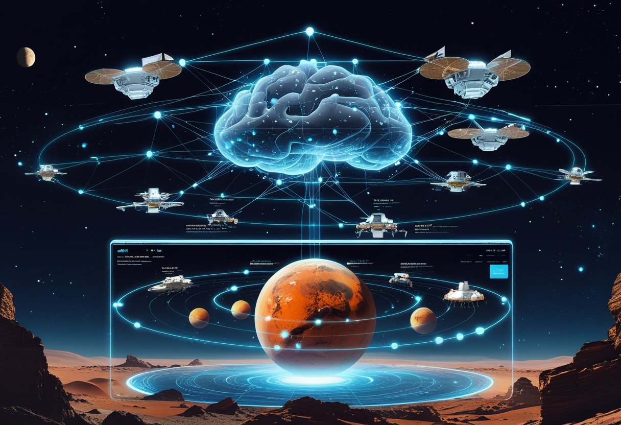 A digital brain analyzes data from multiple Mars missions displayed around a detailed red planet in space.