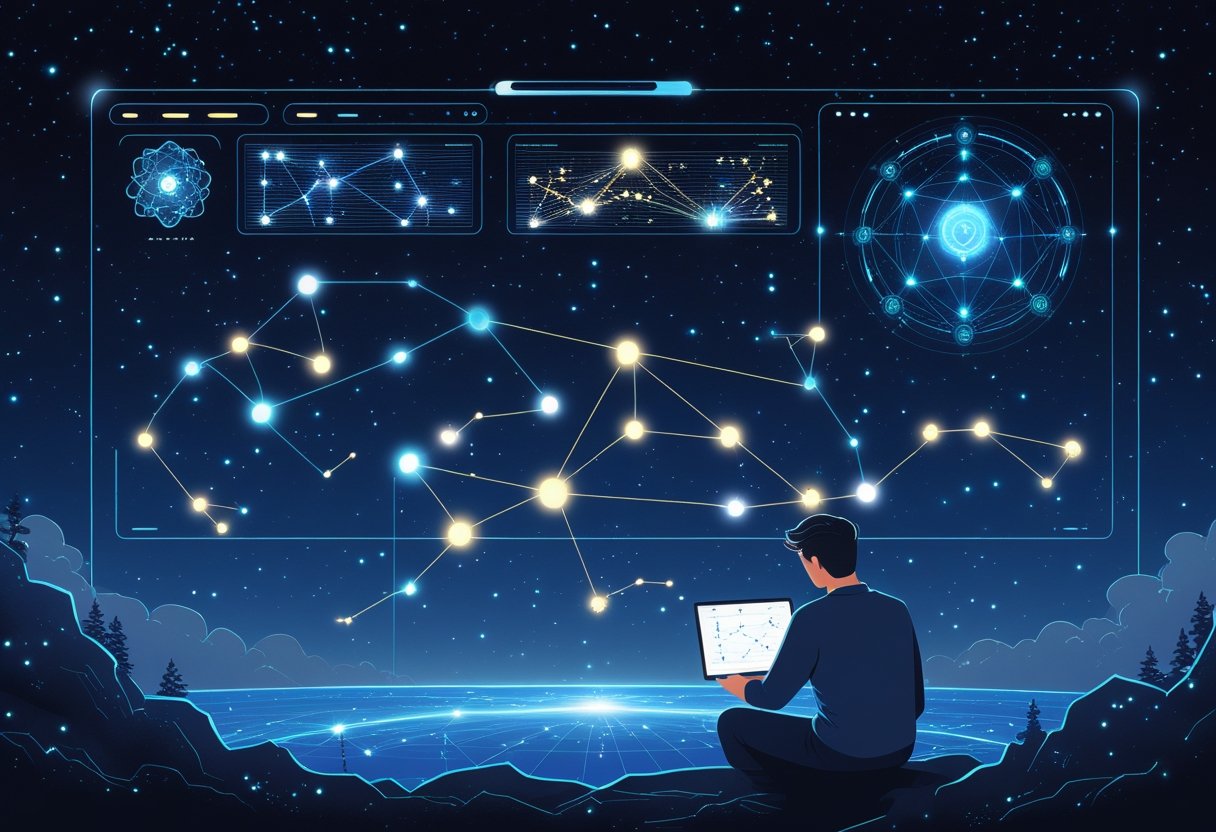 A person studying a starry sky with constellations connected by glowing lines and a floating digital interface showing AI elements above them.