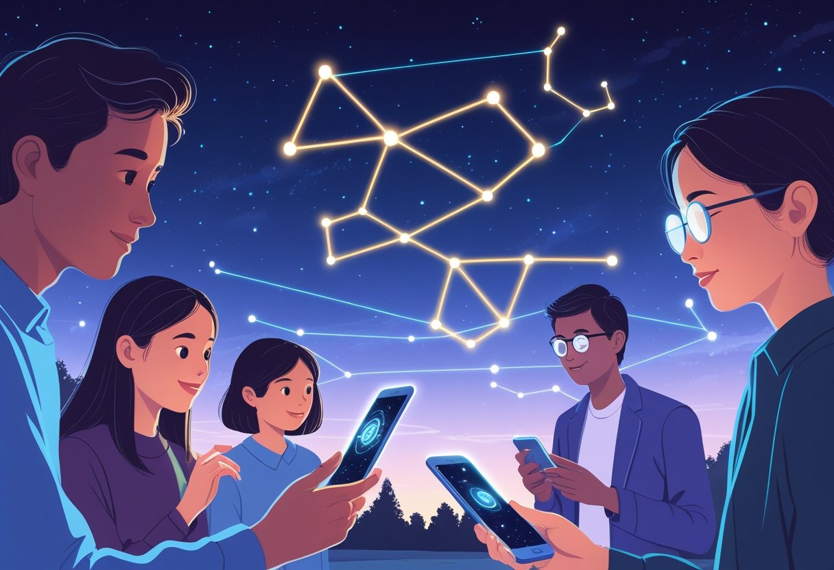 People using digital devices outdoors at night to view and learn constellations highlighted in the sky.