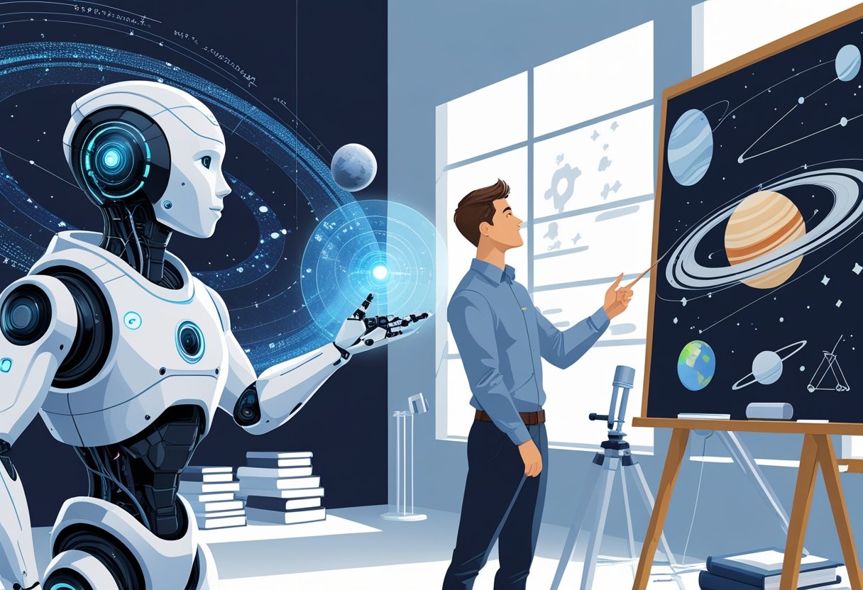A robot and a human scientist explaining space side by side, with the robot showing holographic planets and the human using a chalkboard with space diagrams.