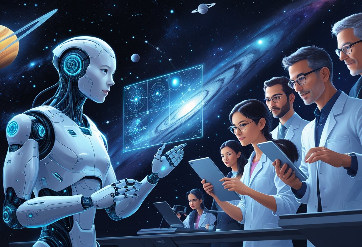 A humanoid AI robot and a diverse group of human scientists studying space together with holographic star maps and telescopes under a starry galaxy background.