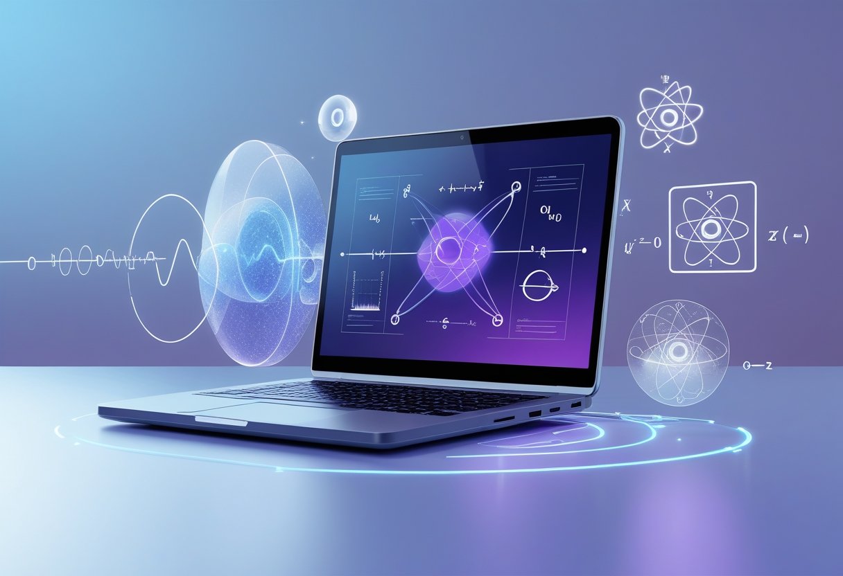 A workspace with a laptop showing abstract quantum physics symbols and floating holographic particles and equations around it.
