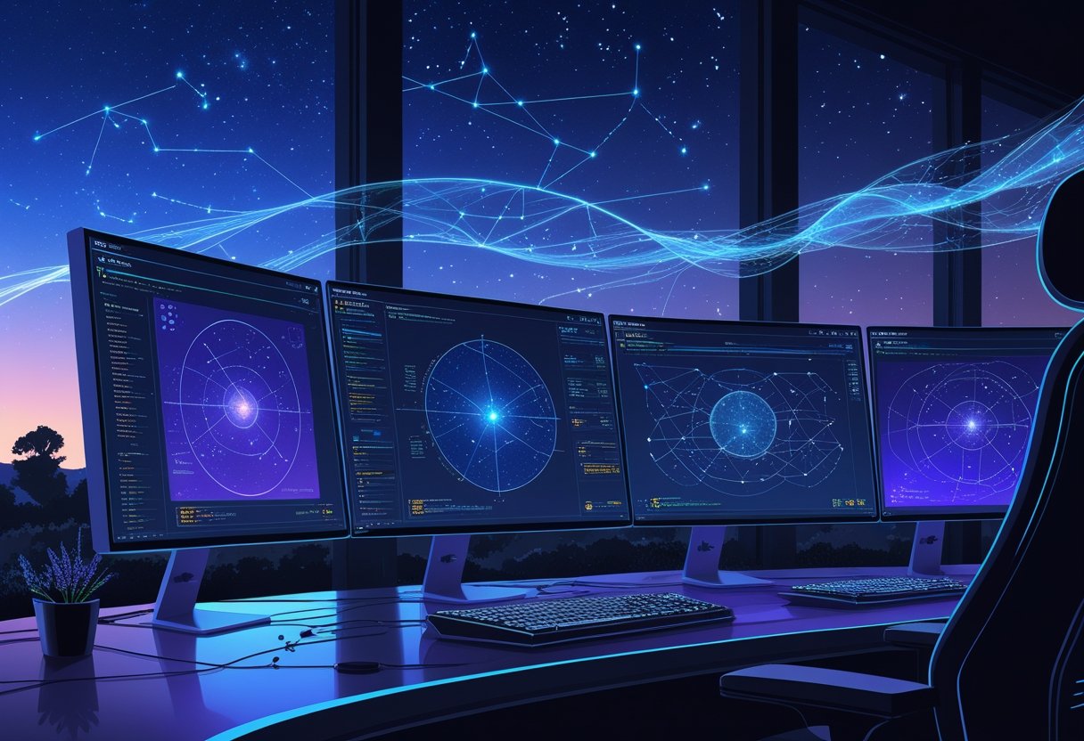 A futuristic workspace showing digital star maps and weather data with a clear night sky visible through a window.