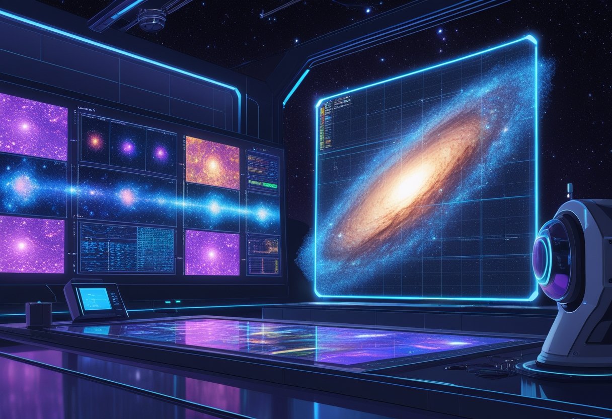 A futuristic scene showing AI processing data from the James Webb Space Telescope to create a detailed image of a distant galaxy.