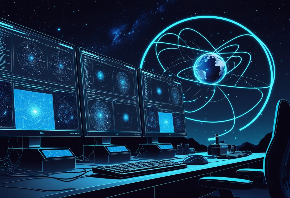 A workspace with holographic screens showing space data and an AI network processing images, with the James Webb Space Telescope orbiting Earth in the background.