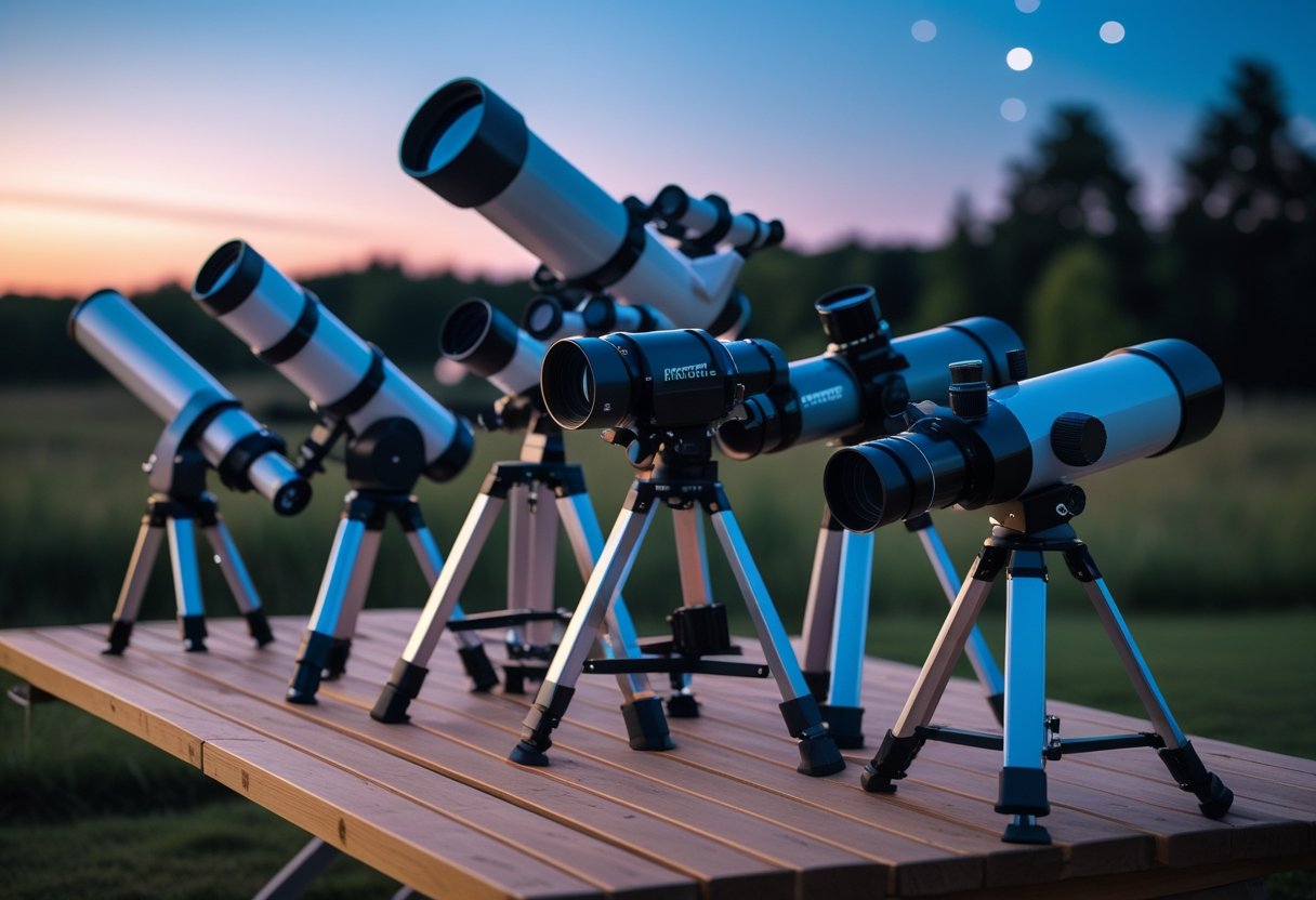 Several telescopes of different types and sizes arranged on a wooden table outdoors at twilight with stars appearing in the sky.