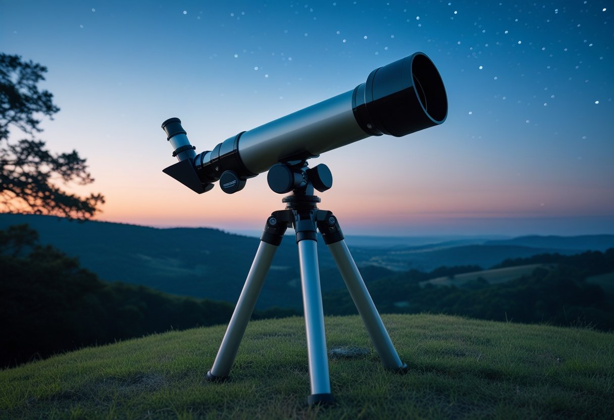 A modern telescope on a tripod outdoors at twilight overlooking hills and trees under a clear sky with stars beginning to appear.