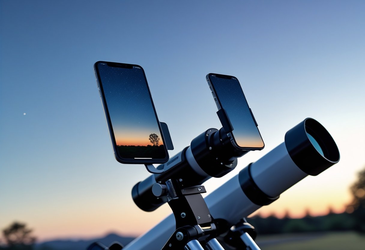 Close-up of a telescope with a smartphone attached using an adapter outdoors at dusk.