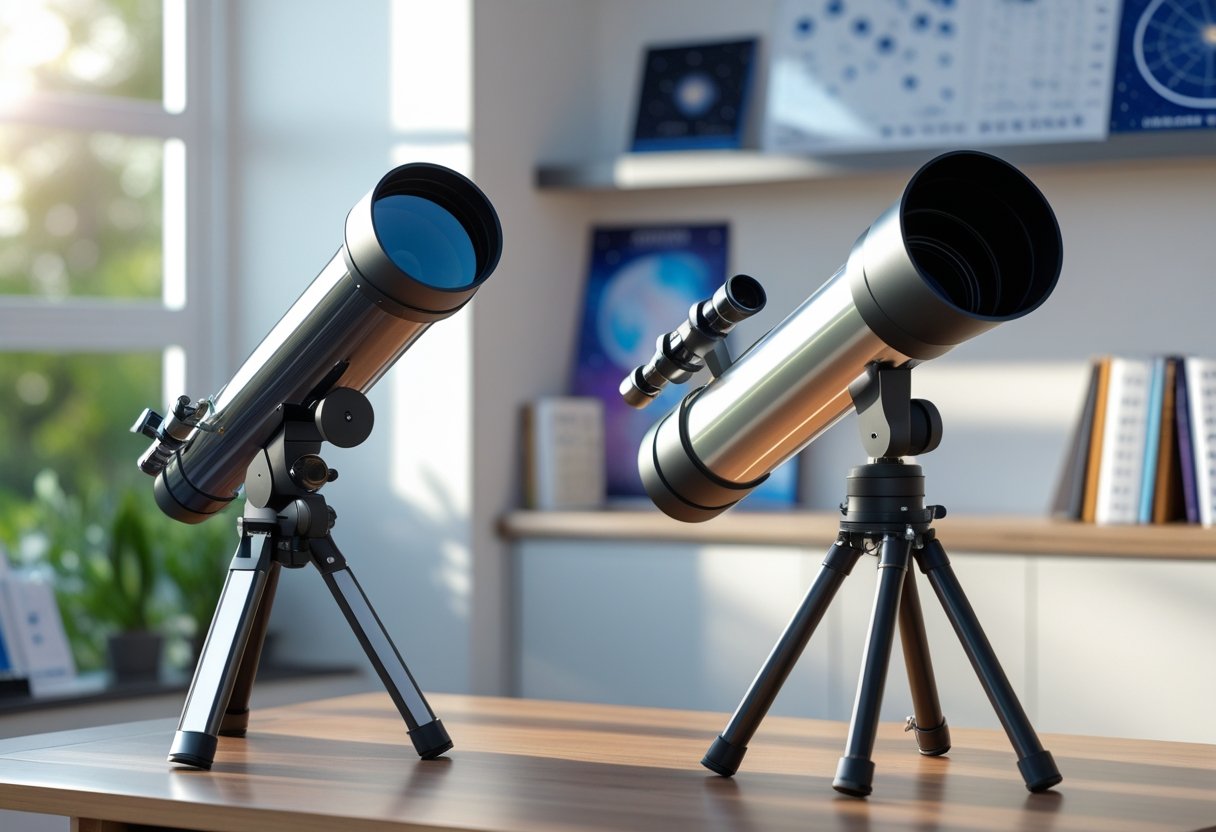 Two telescopes, a refractor and a reflector, displayed side by side on a table in a bright room with shelves in the background.
