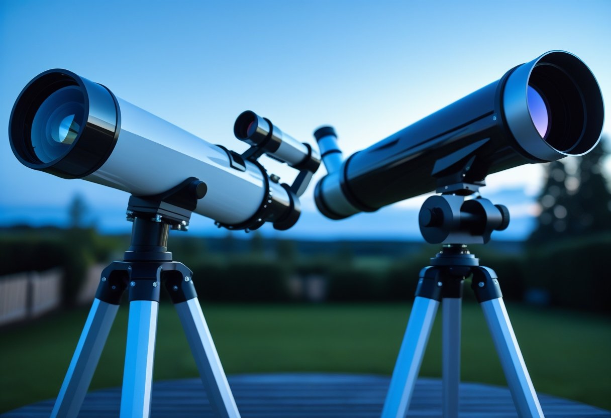 Two telescopes side by side outdoors at dusk, one refractor with a long tube and front lens, and one reflector with a shorter tube and visible mirror.
