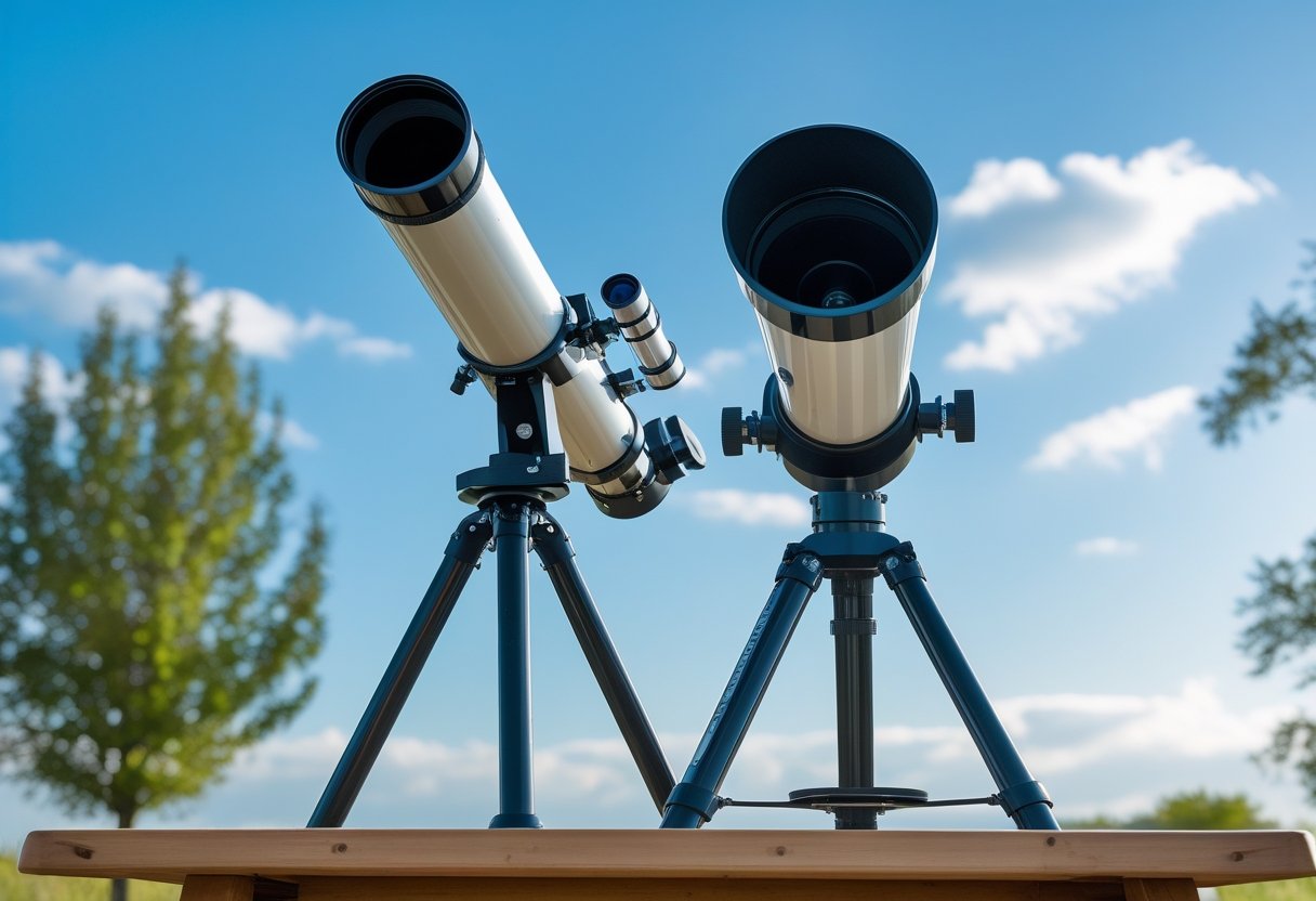 Two different telescopes, a refractor and a reflector, set up outdoors on tripods under a clear sky.