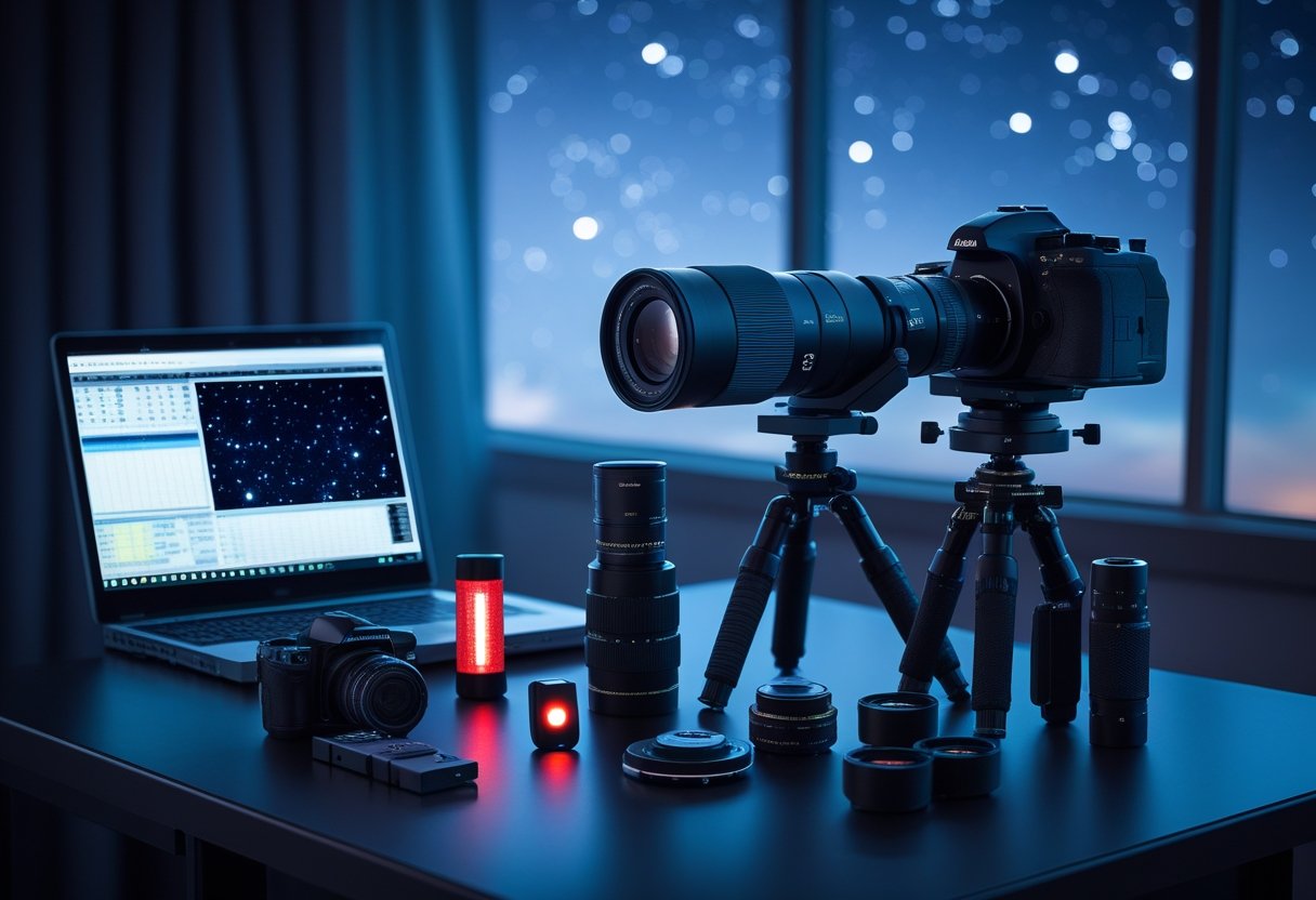 A collection of deep sky photography equipment including a DSLR camera on a telescope tripod, star tracker, remote shutter, laptop with star charts, batteries, lens filters, and a red flashlight arranged on a table with a starry night sky visible in the background.