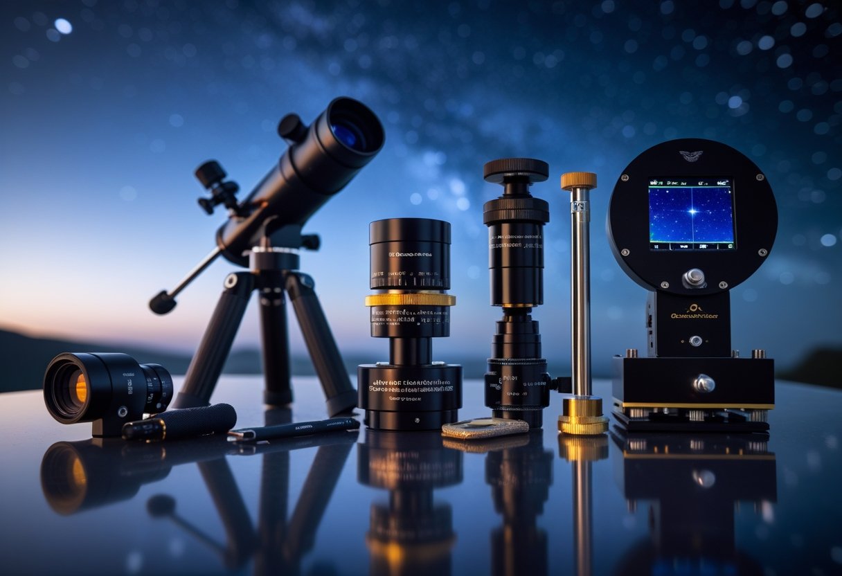 A collection of astronomical tracking, guiding, and alignment devices arranged on a surface with a blurred starry night sky in the background.