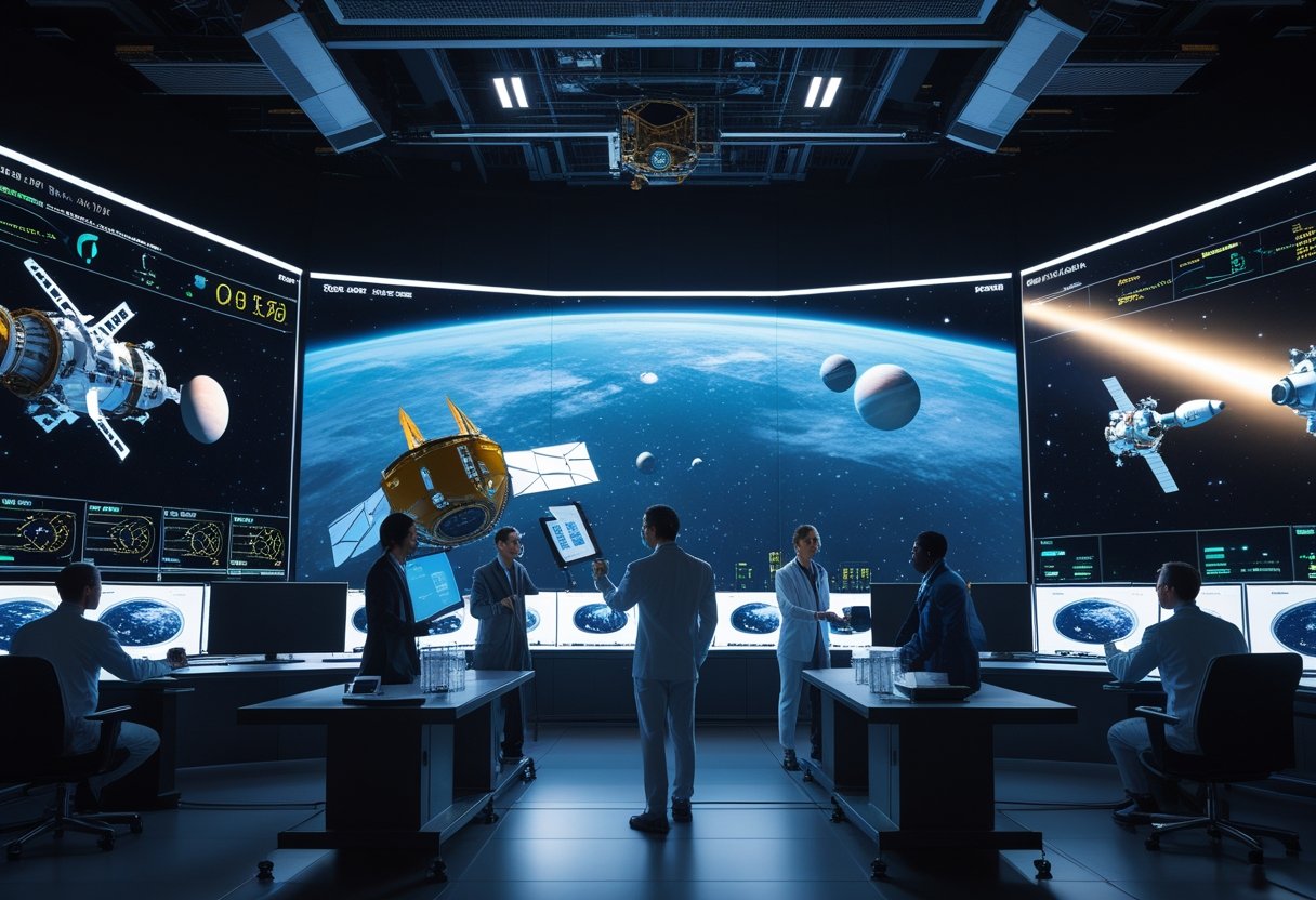 A group of scientists and engineers working in a space mission control room with digital screens showing spacecraft and planets, with a starry space view outside large windows.