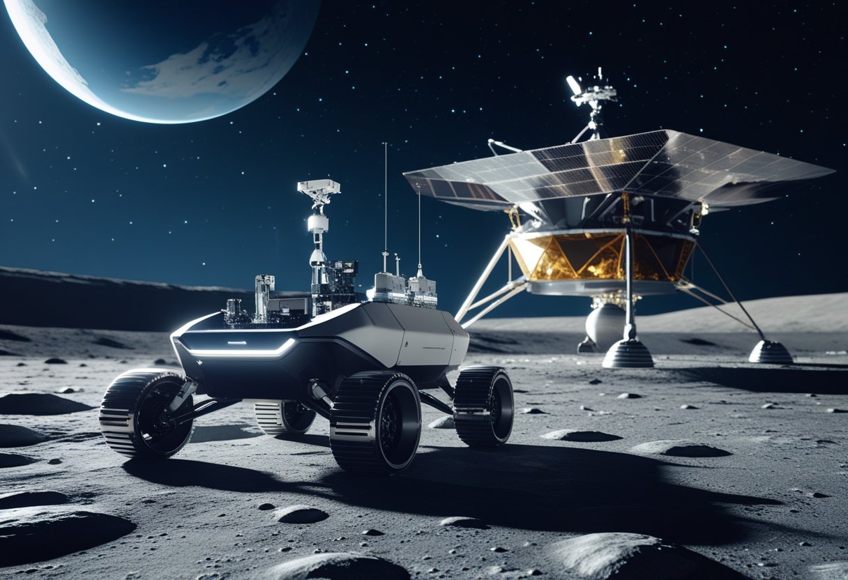 A lunar rover and lander on the moon's surface with Earth visible in the sky above.