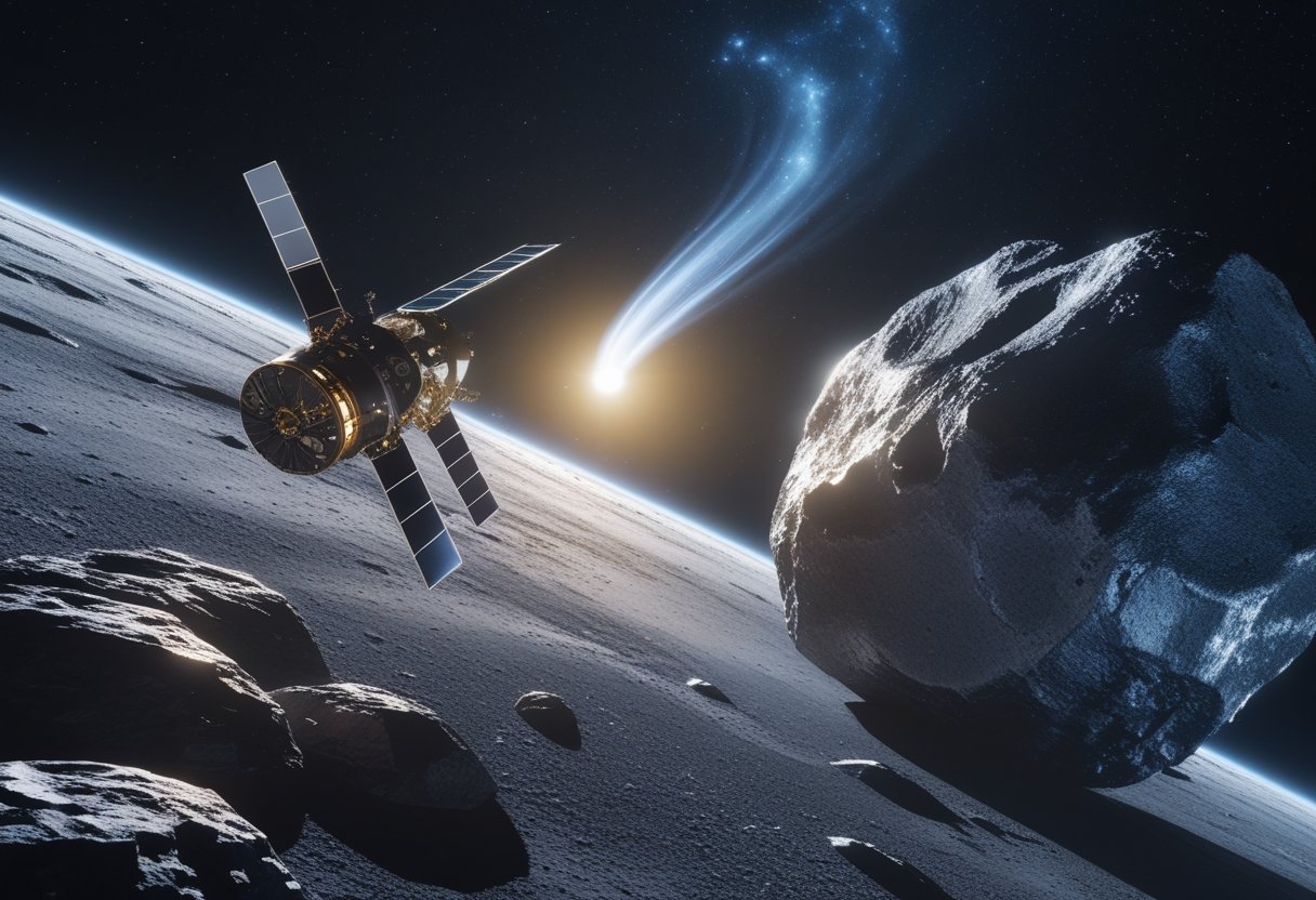 A spacecraft approaching a large asteroid with a bright comet passing in the starry background in deep space.