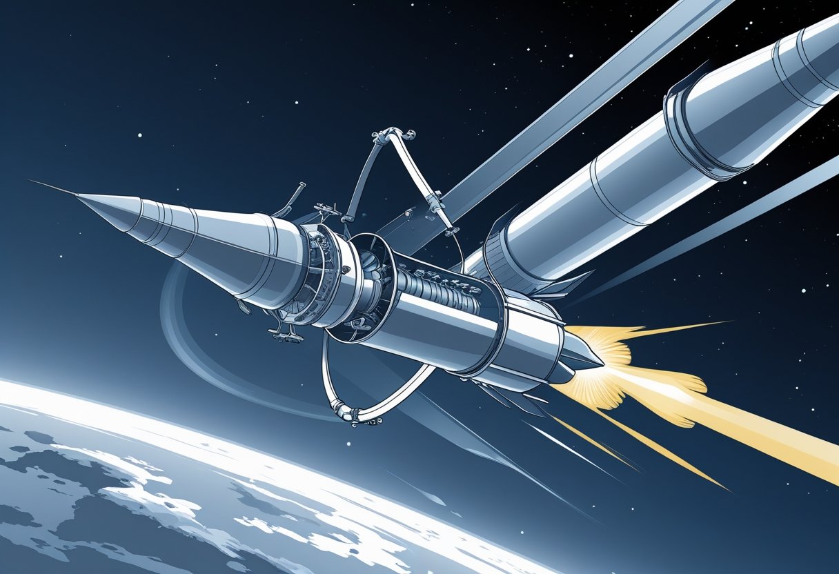 Cross-sectional view of a rocket showing its internal parts like engine, fuel tanks, and payload as it ascends through the atmosphere into space.