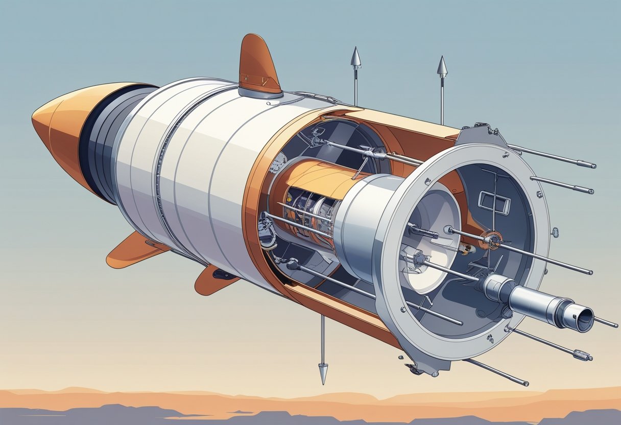 Cutaway illustration of a rocket showing its key internal components such as the nose cone, payload section, fuel tanks, engines, and exhaust nozzle.