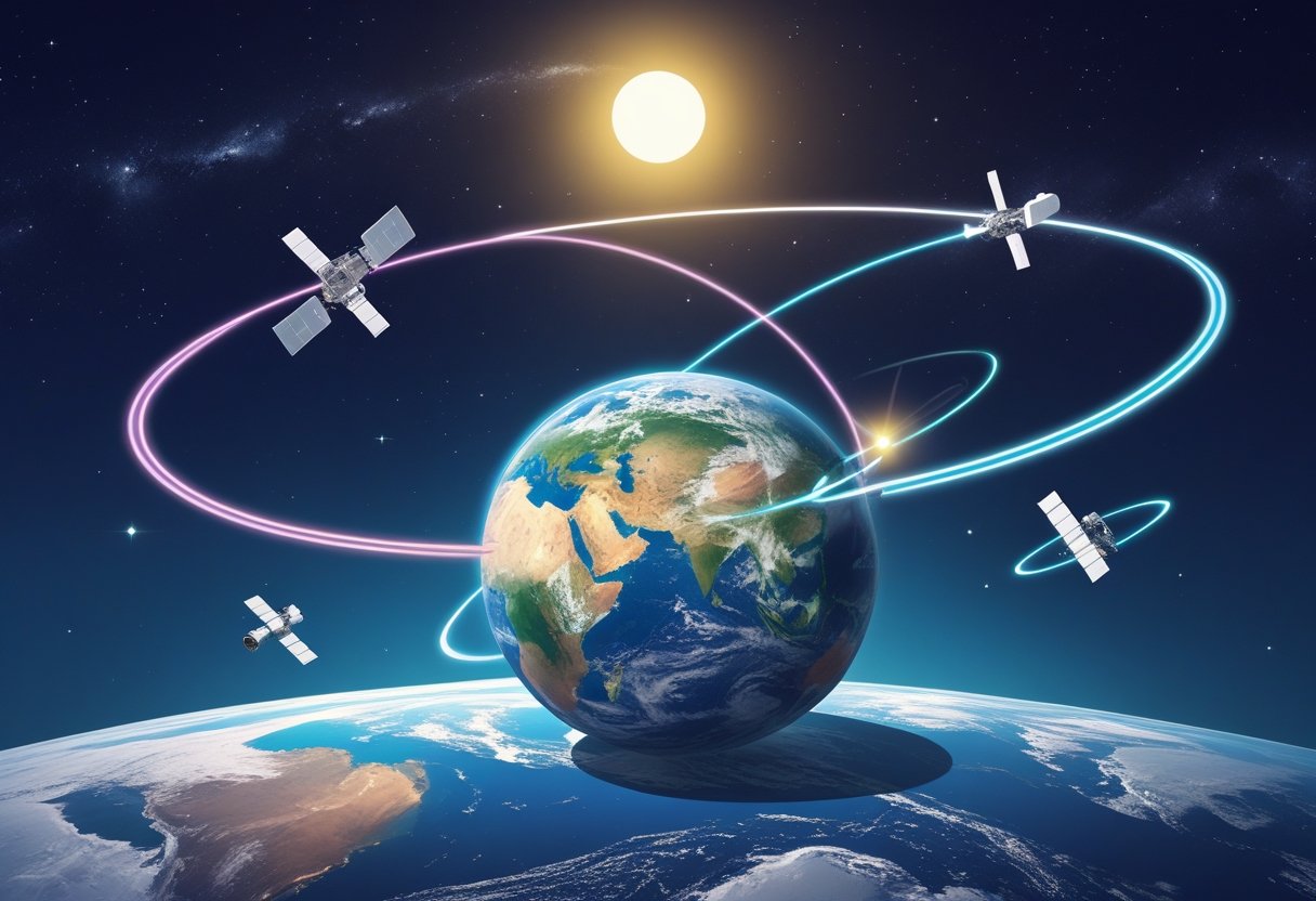 Earth with satellites and spacecraft orbiting along curved paths in space, showing different orbital trajectories around the planet.