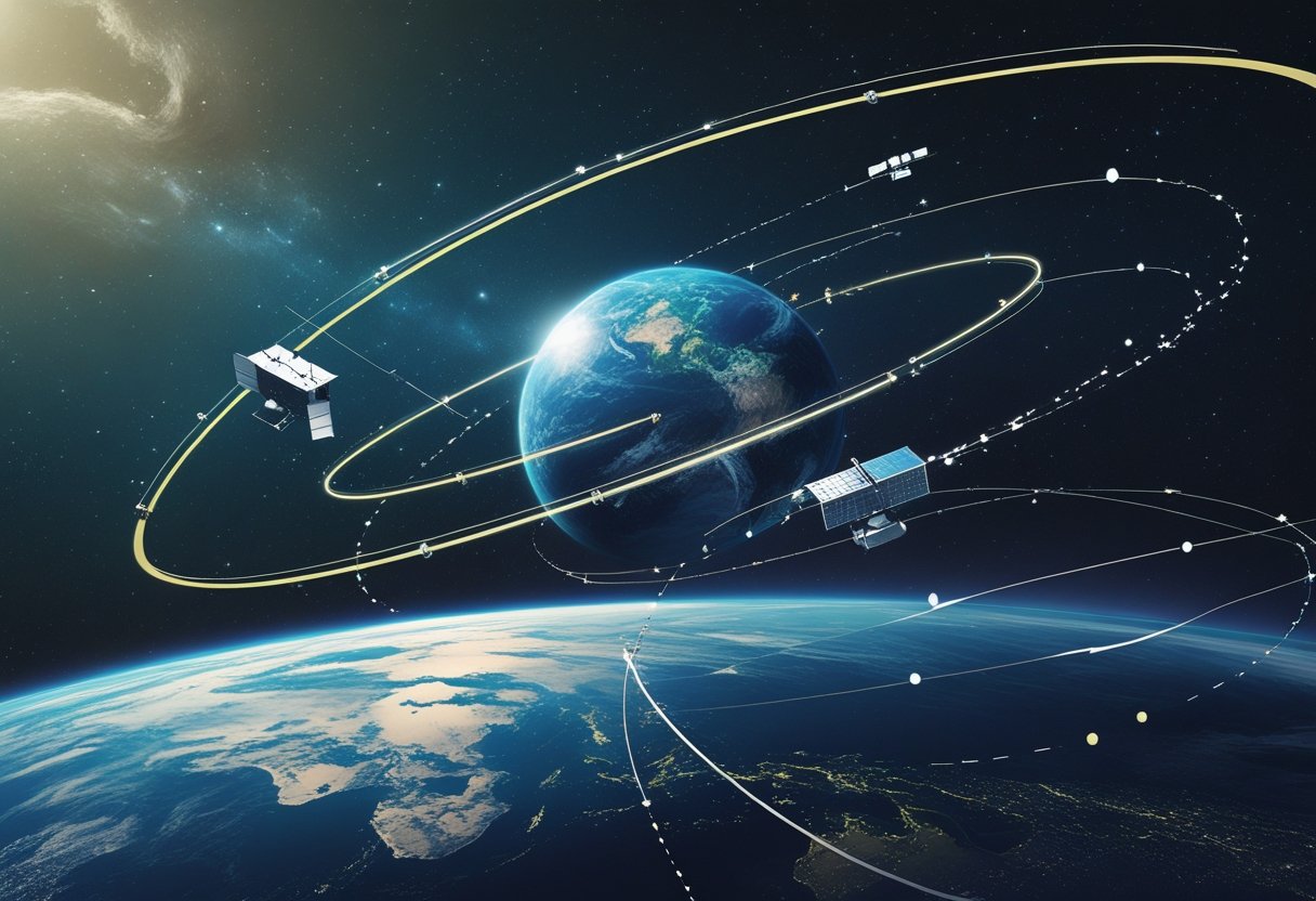 A planet with several satellites orbiting it along curved paths in space, with stars in the background.