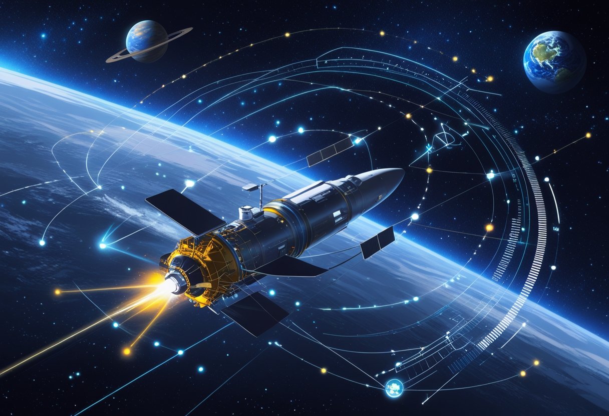 A spacecraft navigating through space with trajectory paths, signal waves, and planets visible in the background.