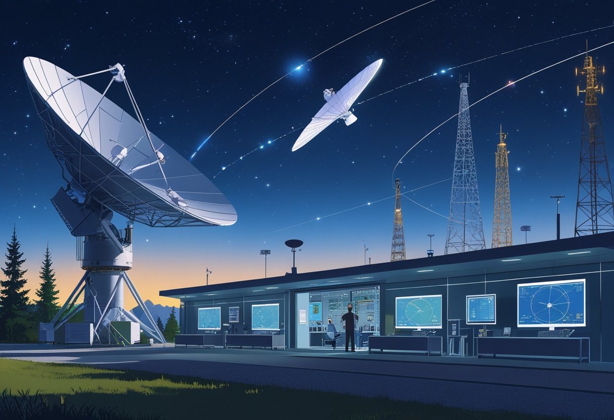 A ground station with satellite dishes tracking a spacecraft in orbit under a starry sky, with engineers monitoring data inside.