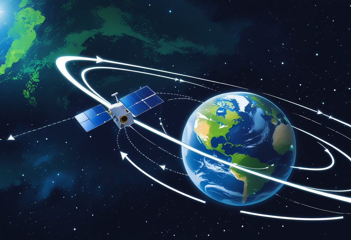 A satellite orbiting Earth with visible continents and oceans, showing its path around the planet in space.