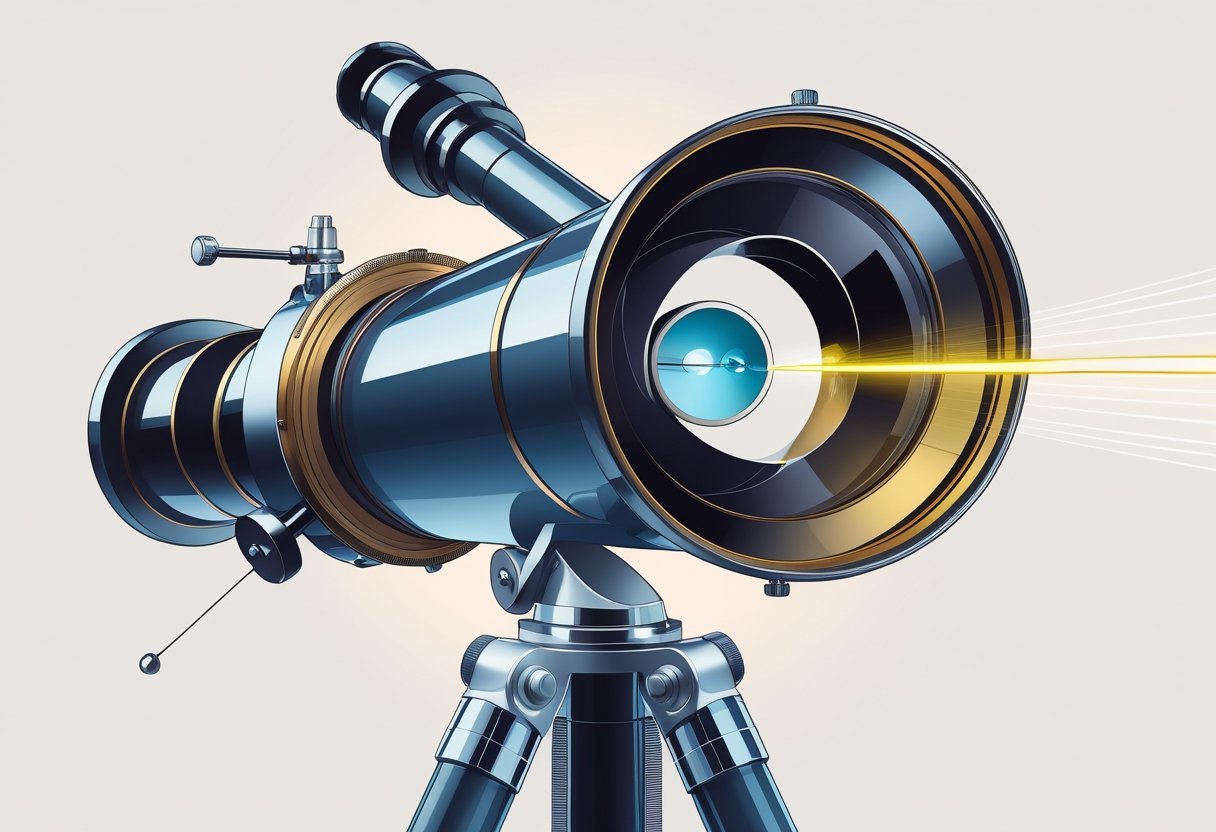 Cross-sectional view of a telescope showing lenses and light rays passing through the optical components mounted on a tripod.