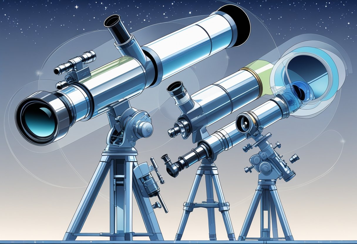 An illustration showing different types of telescopes with their internal lenses and mirrors visible, set against a night sky background.
