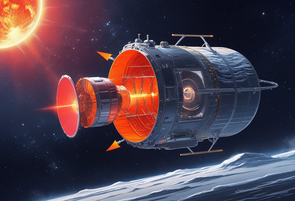 A spacecraft in space showing heat on one side and cold on the other, with visible thermal protection and temperature changes around it.