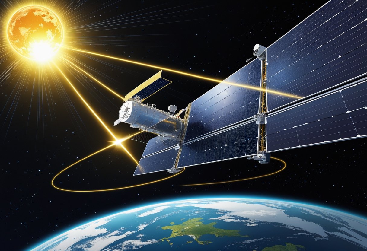 A satellite with large solar panels orbiting Earth, receiving sunlight and converting it into energy in space.