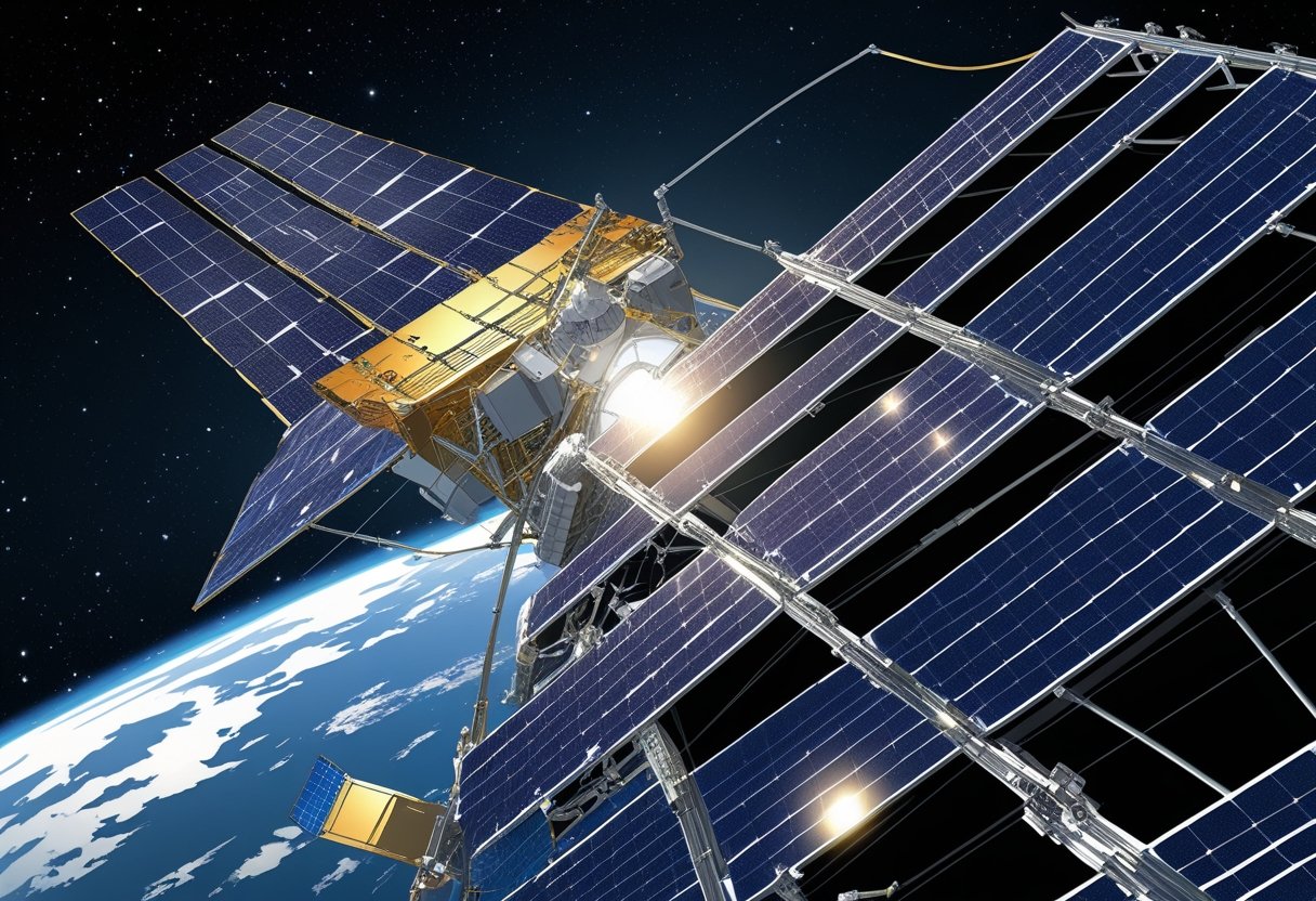 A spacecraft in space with large solar panel arrays extended, Earth visible in the background.