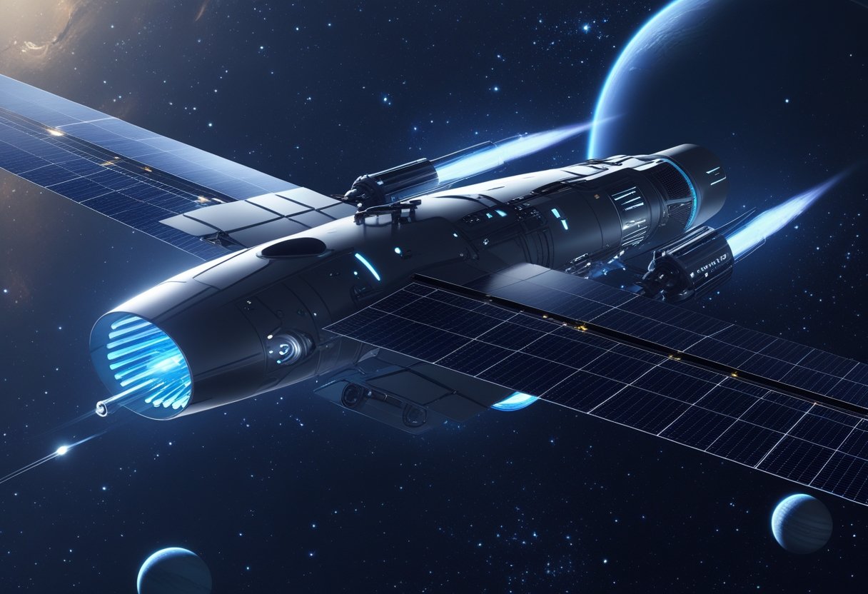 A spacecraft with glowing ion thrusters and solar panels floating in space with stars and distant planets in the background.