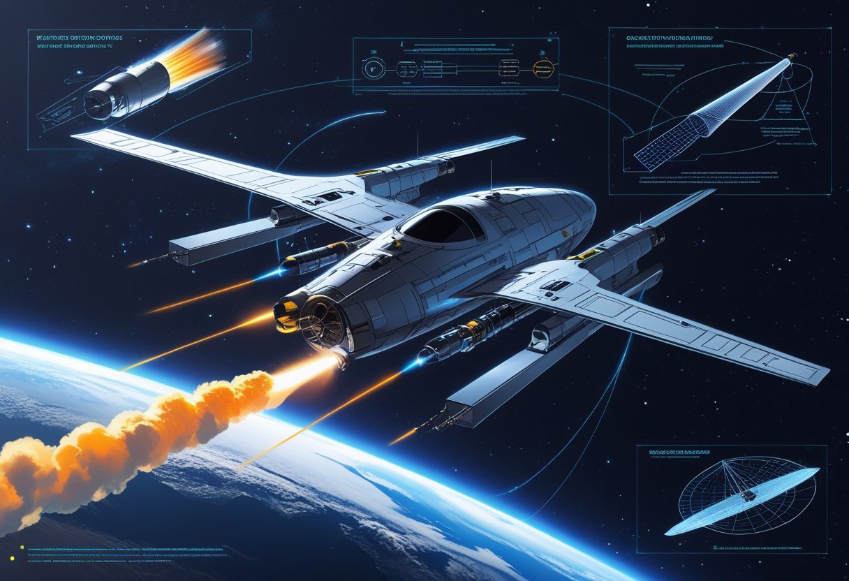 A spacecraft orbiting Earth with visible thrusters and schematic diagrams illustrating different types of propulsion in space.