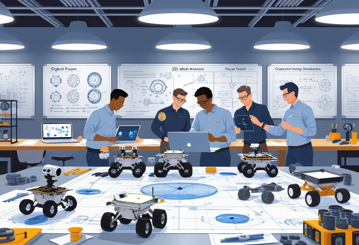 Engineers collaborating around a table with rover blueprints and digital models, surrounded by design tools and whiteboards with technical drawings.