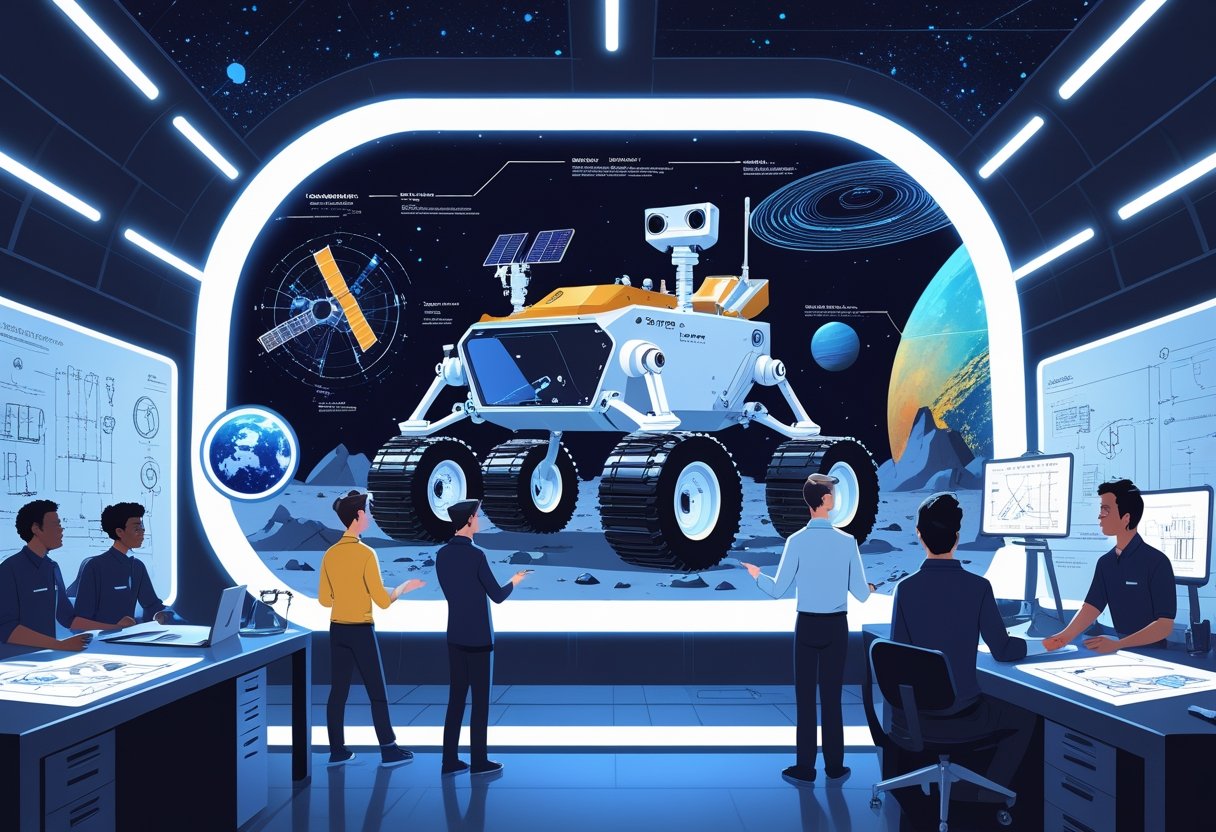 Engineers collaborating around a holographic display of a space rover, showing its unique features in a futuristic workspace with space visible through windows.