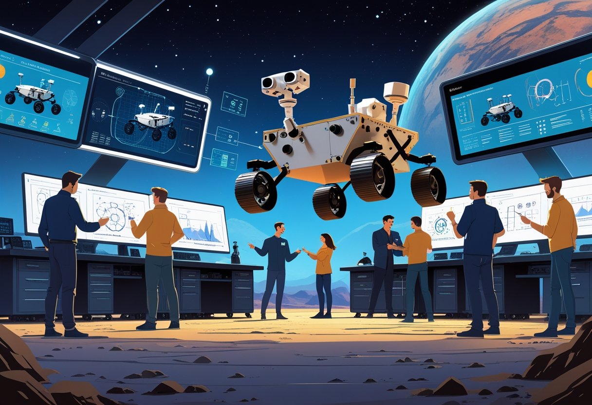 Engineers collaborating around a futuristic workspace with holographic displays of a space rover prototype and planetary terrain, with a view of a rocky landscape through a window.