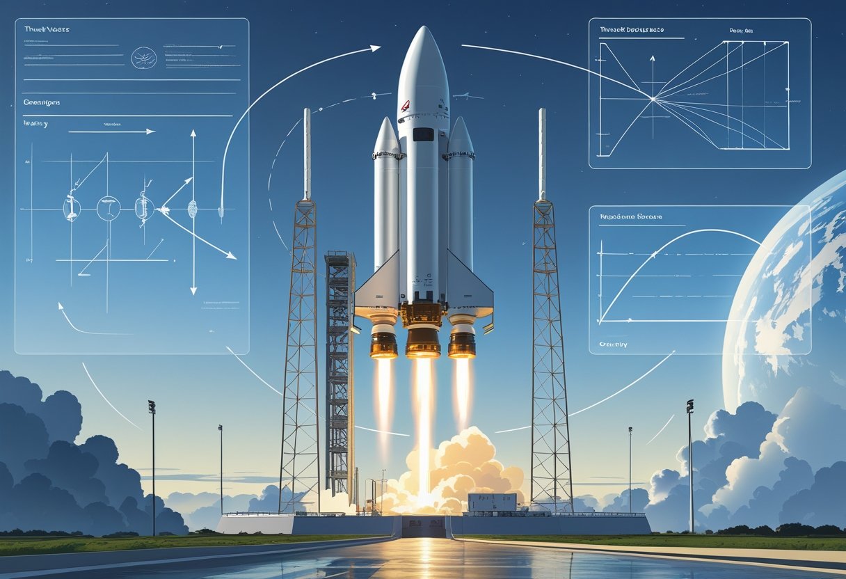 A rocket launching and returning to Earth with arrows showing forces like thrust and gravity, set against a sky and space background.