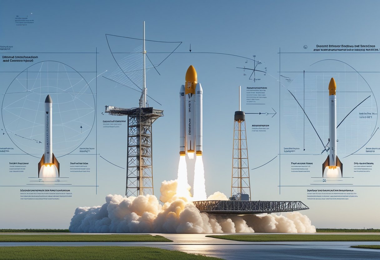 A rocket launching, separating stages, descending with landing legs, and landing, with diagrams showing forces like thrust and gravity.